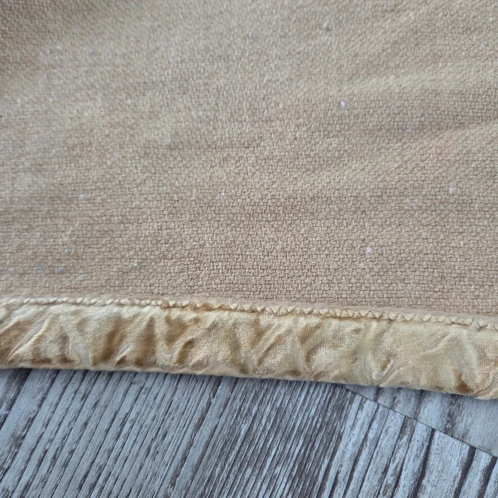 Vintage Camel Tan Wool Blend Blanket Velvet Binding Trim Oversized 94x84 Rustic